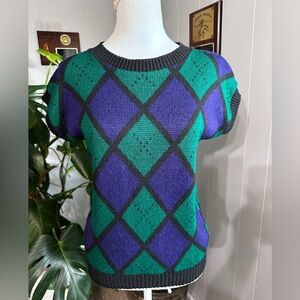🛍️Vintage Katherine Haley green & Purple diamond checker sweater Size S
